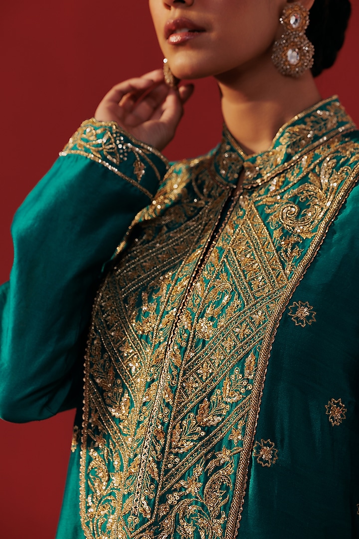 Teal Blue Chanderi Embellished Kurta Set by Rasasvada at Pernia's Pop Up Shop