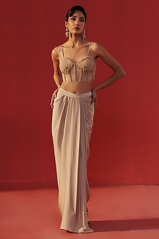 Golden Crepe Draped Skirt Set by Rasasvada