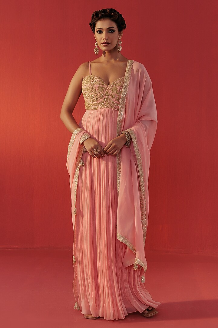 Peach Georgette Hand Embroidered Party Wear Anarkali Dress by Rasasvada at Pernia's Pop Up Shop