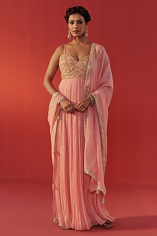 Peach Georgette Hand Embroidered Anarkali Dress by Rasasvada