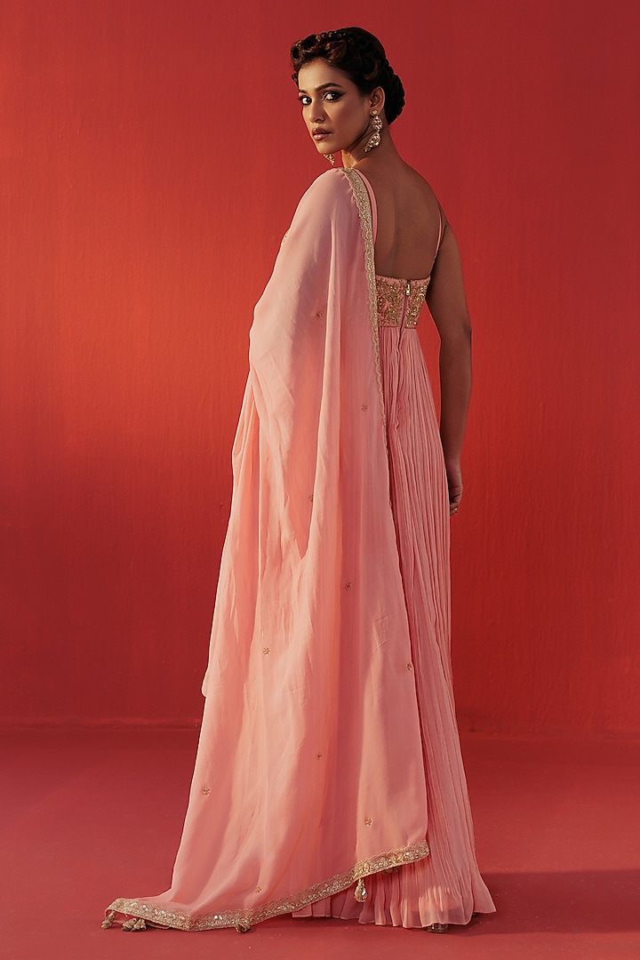 Peach Georgette Hand Embroidered Party Wear Anarkali Dress by Rasasvada at Pernia's Pop Up Shop