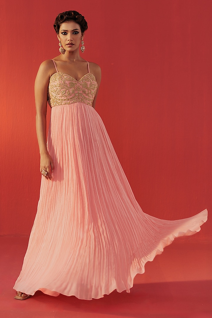 Peach Georgette Hand Embroidered Party Wear Anarkali Dress by Rasasvada at Pernia's Pop Up Shop