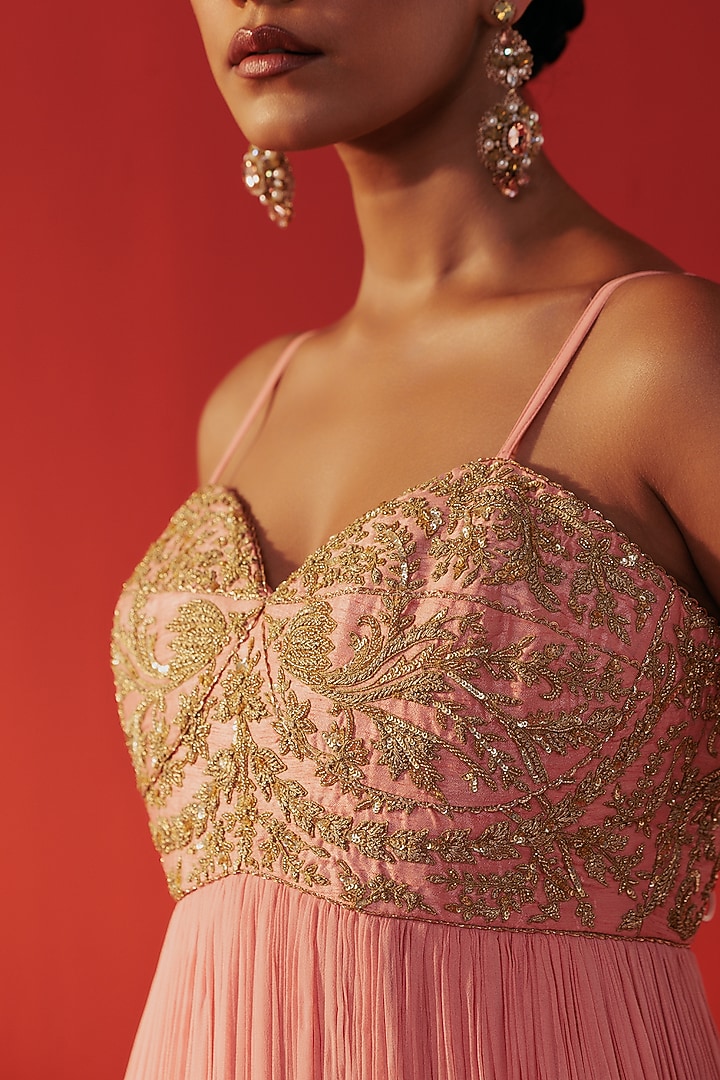 Peach Georgette Hand Embroidered Party Wear Anarkali Dress by Rasasvada at Pernia's Pop Up Shop