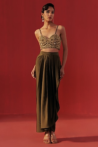 Green Crepe Draped Skirt Set by Rasasvada