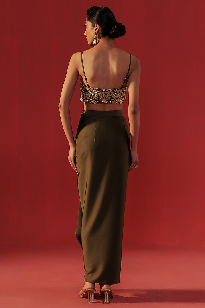 Green Crepe Draped Skirt Set by Rasasvada at Pernia's Pop Up Shop