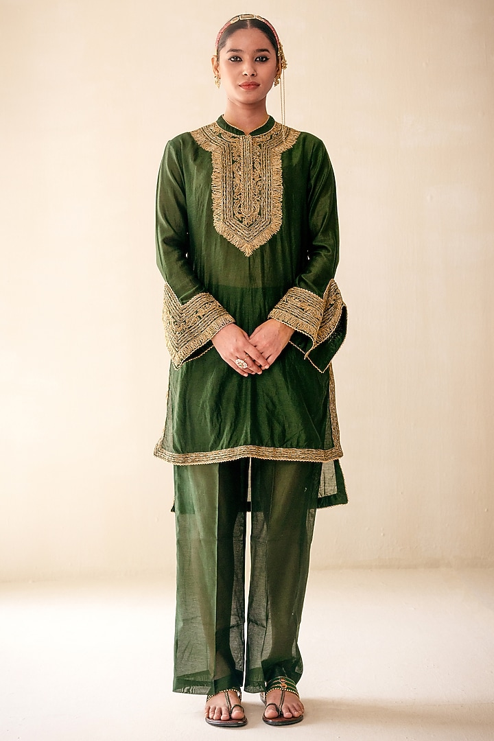 Green Chanderi Dori Hand Embroidered Kurta Set by Rasasvada at Pernia's Pop Up Shop