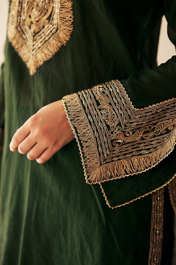 Green Chanderi Dori Hand Embroidered Kurta Set by Rasasvada at Pernia's Pop Up Shop