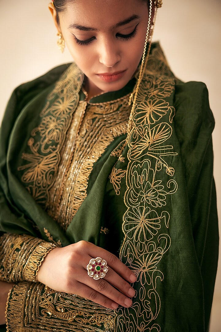 Green Chanderi Dori Hand Embroidered Kurta Set by Rasasvada at Pernia's Pop Up Shop