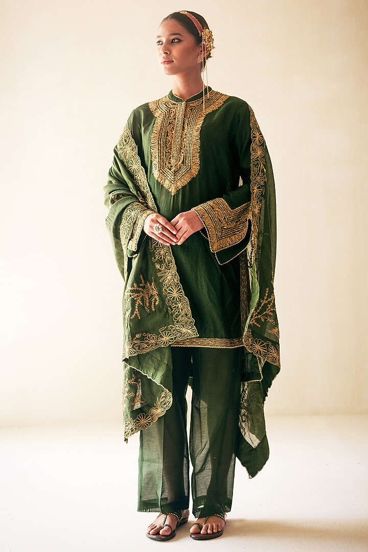 Green Chanderi Dori Hand Embroidered Kurta Set by Rasasvada at Pernia's Pop Up Shop