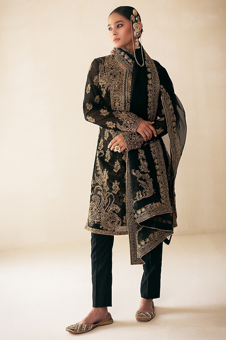 Black Organza Dori & Gold Hand Embroidered Kurta Set by Rasasvada at Pernia's Pop Up Shop