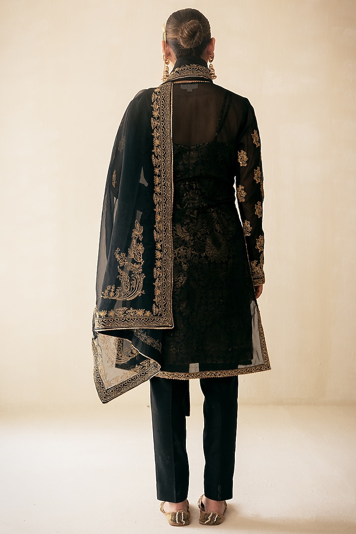 Black Organza Dori & Gold Hand Embroidered Kurta Set by Rasasvada at Pernia's Pop Up Shop