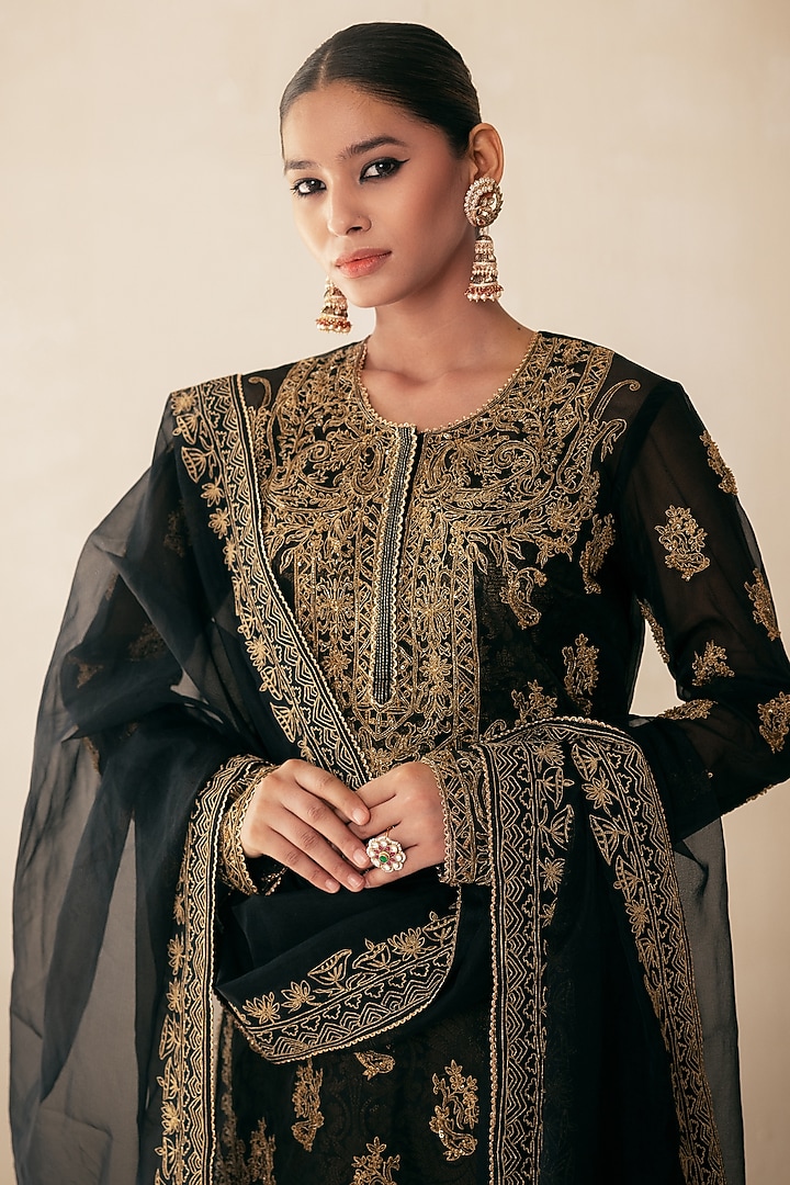 Black Organza Dori & Gold Hand Embroidered Kurta Set by Rasasvada at Pernia's Pop Up Shop