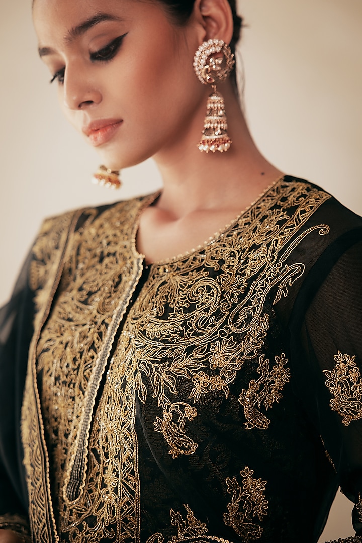Black Organza Dori & Gold Hand Embroidered Kurta Set by Rasasvada at Pernia's Pop Up Shop