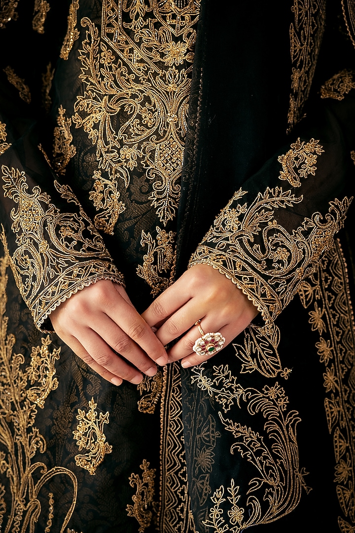 Black Organza Dori & Gold Hand Embroidered Kurta Set by Rasasvada at Pernia's Pop Up Shop