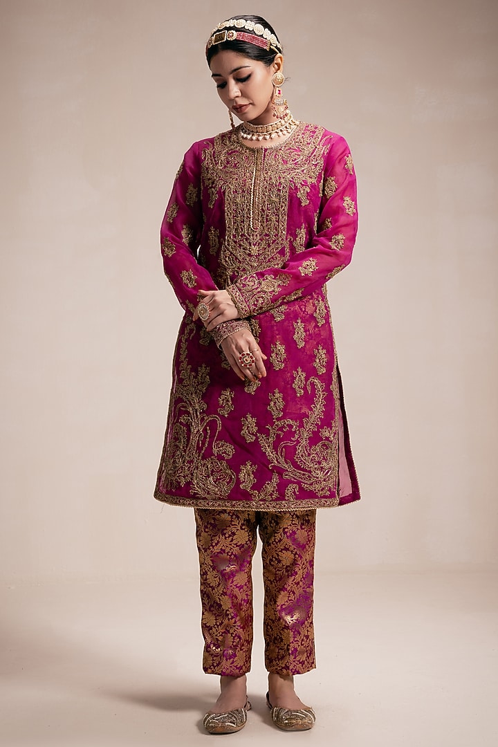 Wine Organza Dori & Gold Hand Embroidered Kurta Set by Rasasvada at Pernia's Pop Up Shop