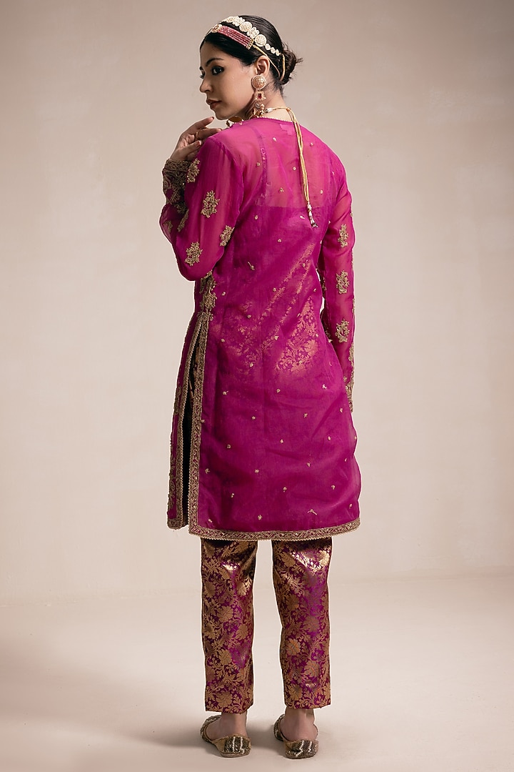 Wine Organza Dori & Gold Hand Embroidered Kurta Set by Rasasvada at Pernia's Pop Up Shop