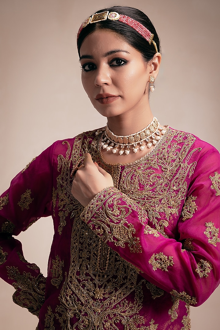 Wine Organza Dori & Gold Hand Embroidered Kurta Set by Rasasvada at Pernia's Pop Up Shop