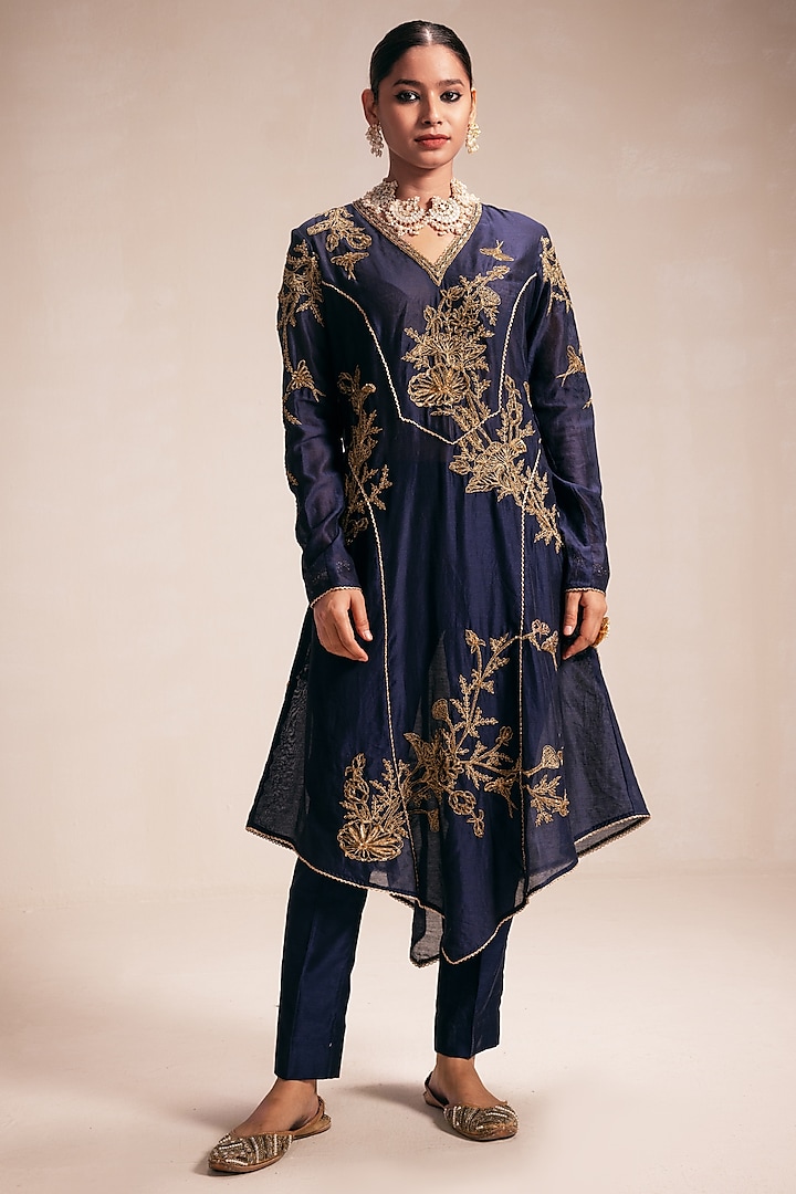 Blue Chanderi Gold Hand & Machine Embroidered Kurta Set by Rasasvada at Pernia's Pop Up Shop