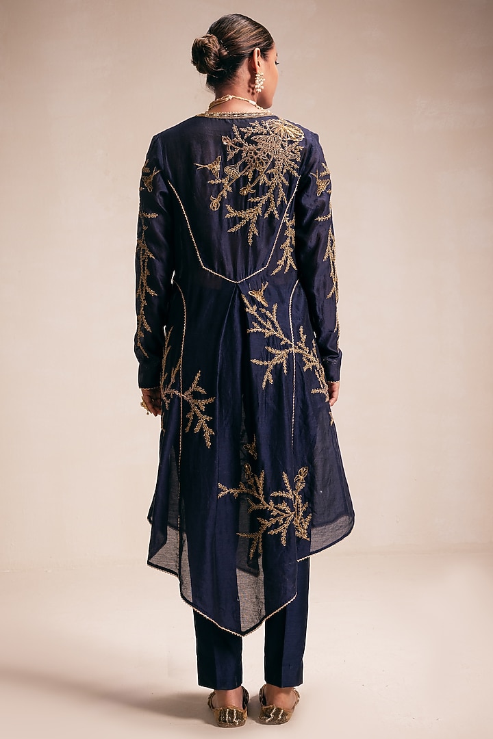 Blue Chanderi Gold Hand & Machine Embroidered Kurta Set by Rasasvada at Pernia's Pop Up Shop