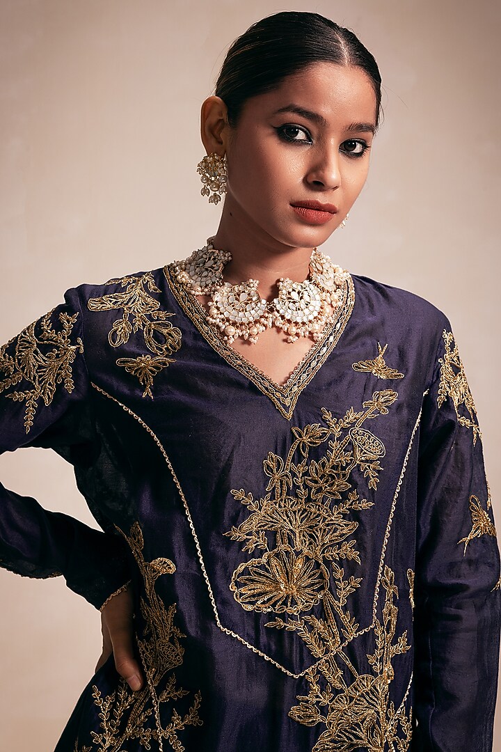 Blue Chanderi Gold Hand & Machine Embroidered Kurta Set by Rasasvada at Pernia's Pop Up Shop