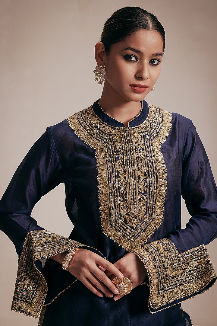 Blue Chanderi Dori Hand Embroidered Kurta Set by Rasasvada at Pernia's Pop Up Shop