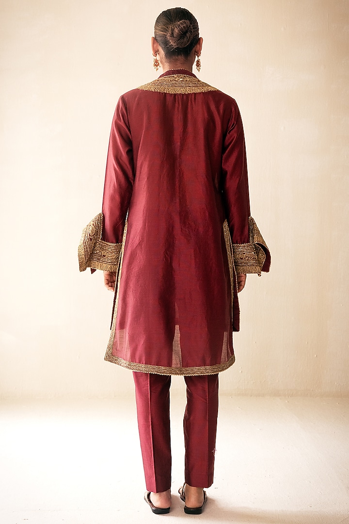 Maroon Chanderi Dori Hand Embroidered Kurta Set by Rasasvada at Pernia's Pop Up Shop