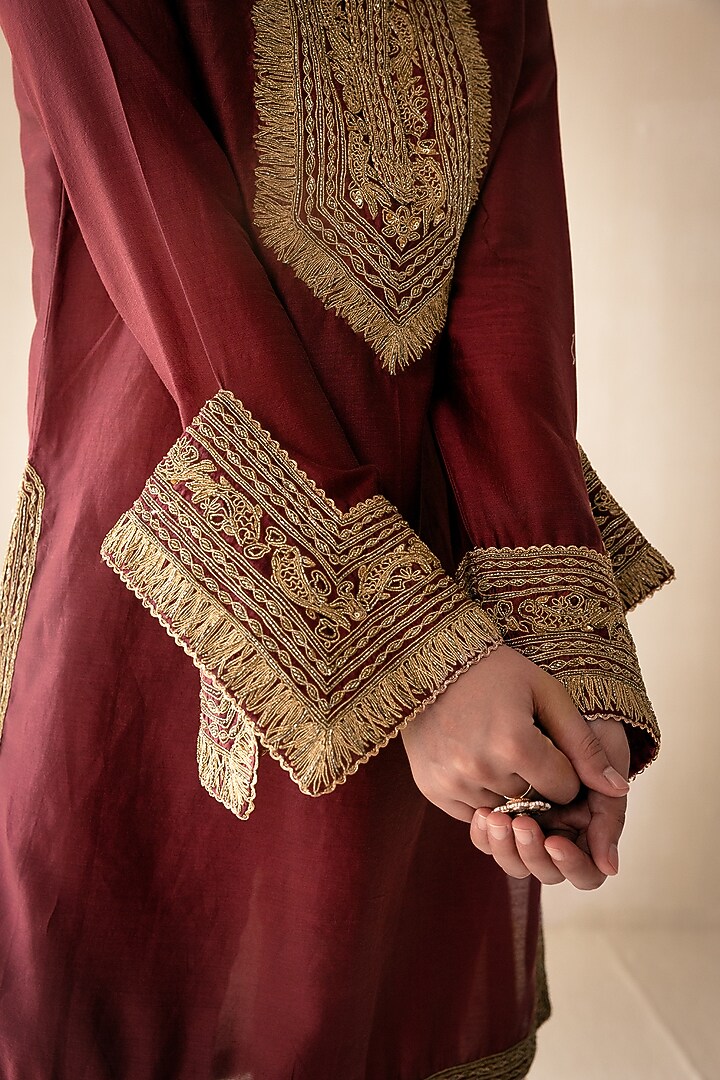 Maroon Chanderi Dori Hand Embroidered Kurta Set by Rasasvada at Pernia's Pop Up Shop