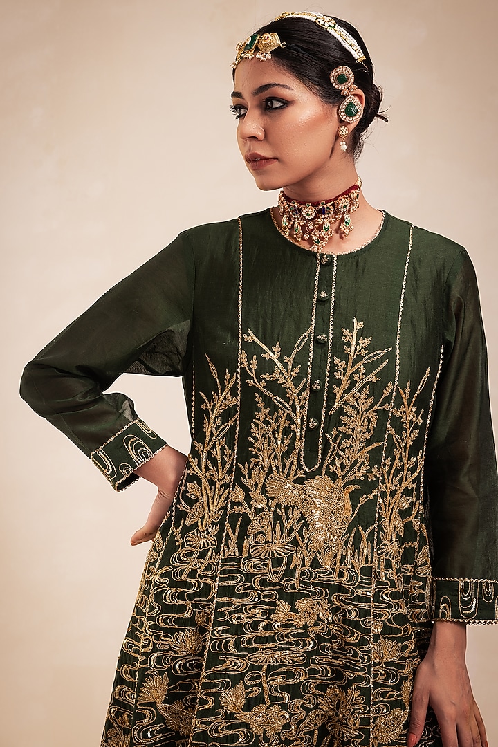Green Chanderi Gold Hand & Machine Embroidered Kurta Set by Rasasvada at Pernia's Pop Up Shop