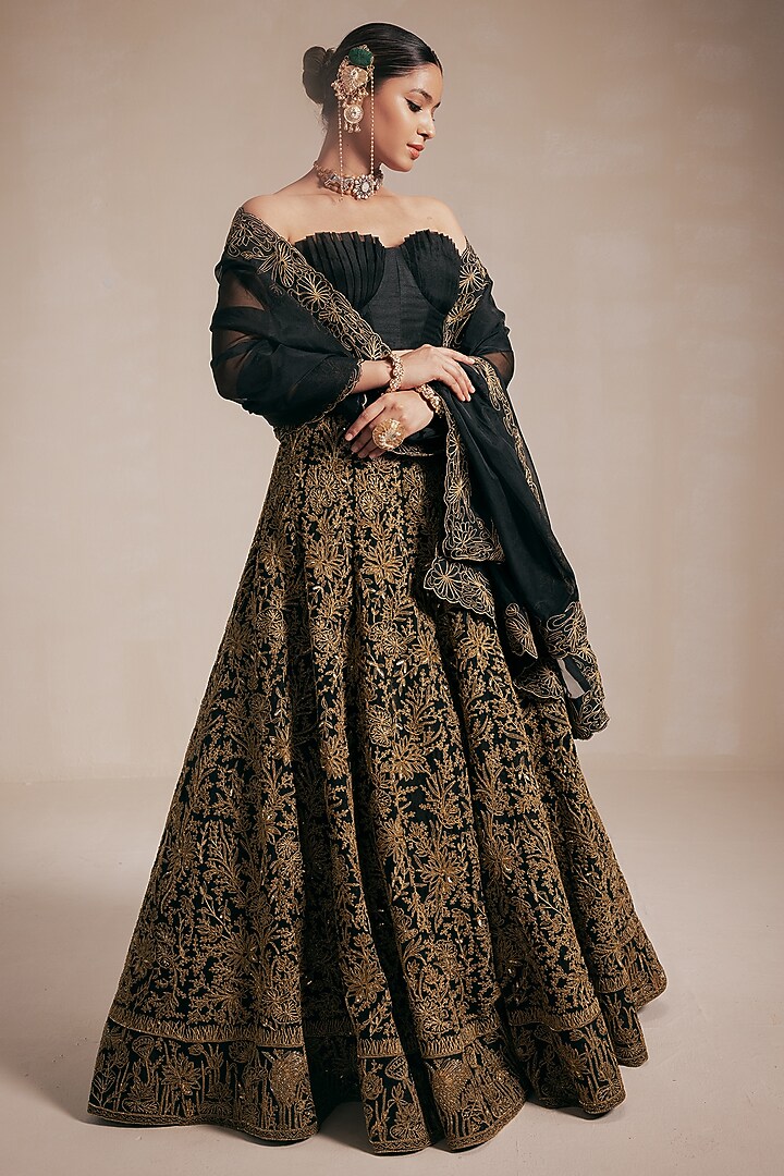 Black Organza & Chanderi Embroidered Bridal Lehenga Set by Rasasvada at Pernia's Pop Up Shop