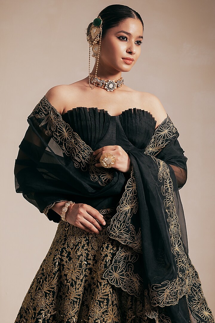 Black Organza & Chanderi Embroidered Bridal Lehenga Set by Rasasvada at Pernia's Pop Up Shop