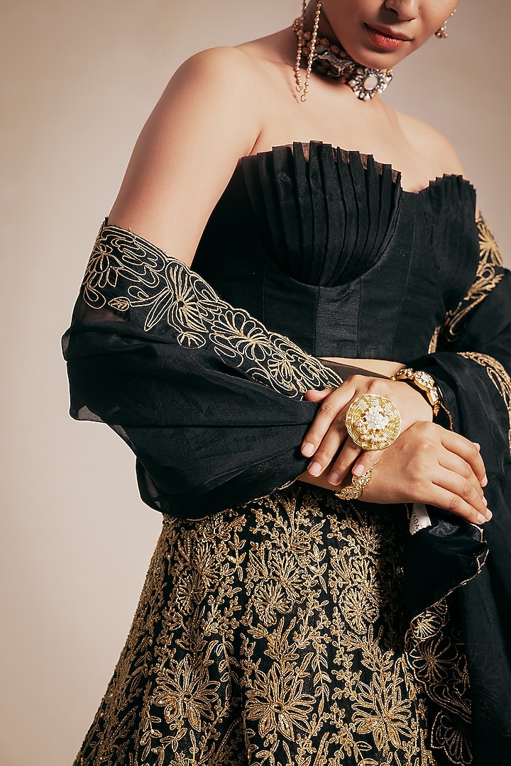 Black Organza & Chanderi Embroidered Bridal Lehenga Set by Rasasvada at Pernia's Pop Up Shop