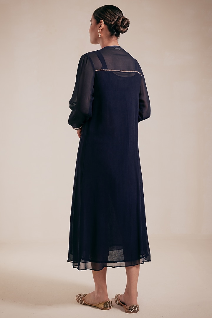 Blue Georgette Gold Embroidered Midi Summer Dress by Rasasvada at Pernia's Pop Up Shop