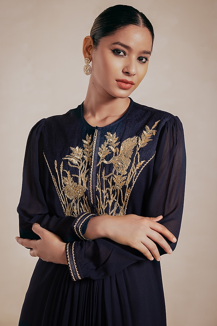 Blue Georgette Gold Embroidered Midi Summer Dress by Rasasvada at Pernia's Pop Up Shop