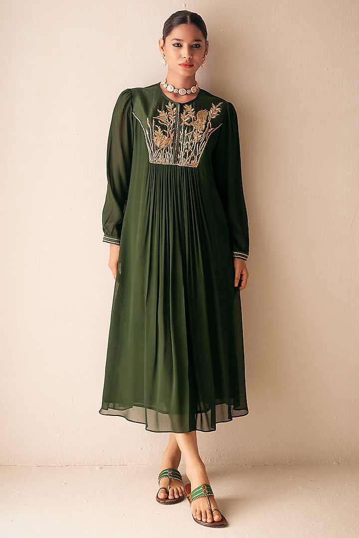 Green Georgette Gold Embroidered Midi Dress by Rasasvada at Pernia's Pop Up Shop