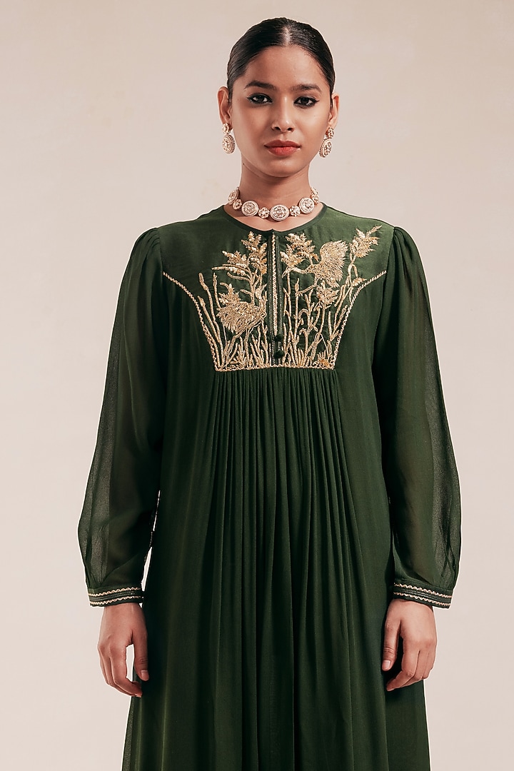 Green Georgette Gold Embroidered Midi Summer Dress by Rasasvada at Pernia's Pop Up Shop