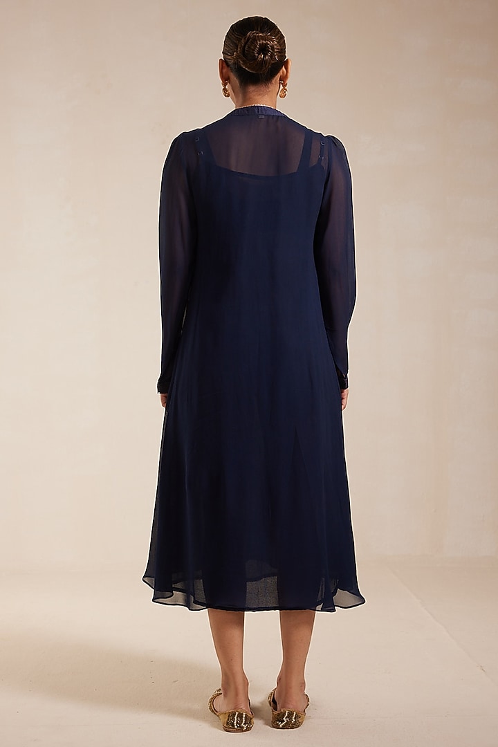 Blue Georgette Gold Embroidered Midi Summer Dress by Rasasvada at Pernia's Pop Up Shop