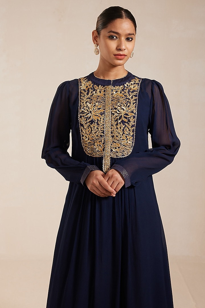 Blue Georgette Gold Embroidered Midi Summer Dress by Rasasvada at Pernia's Pop Up Shop