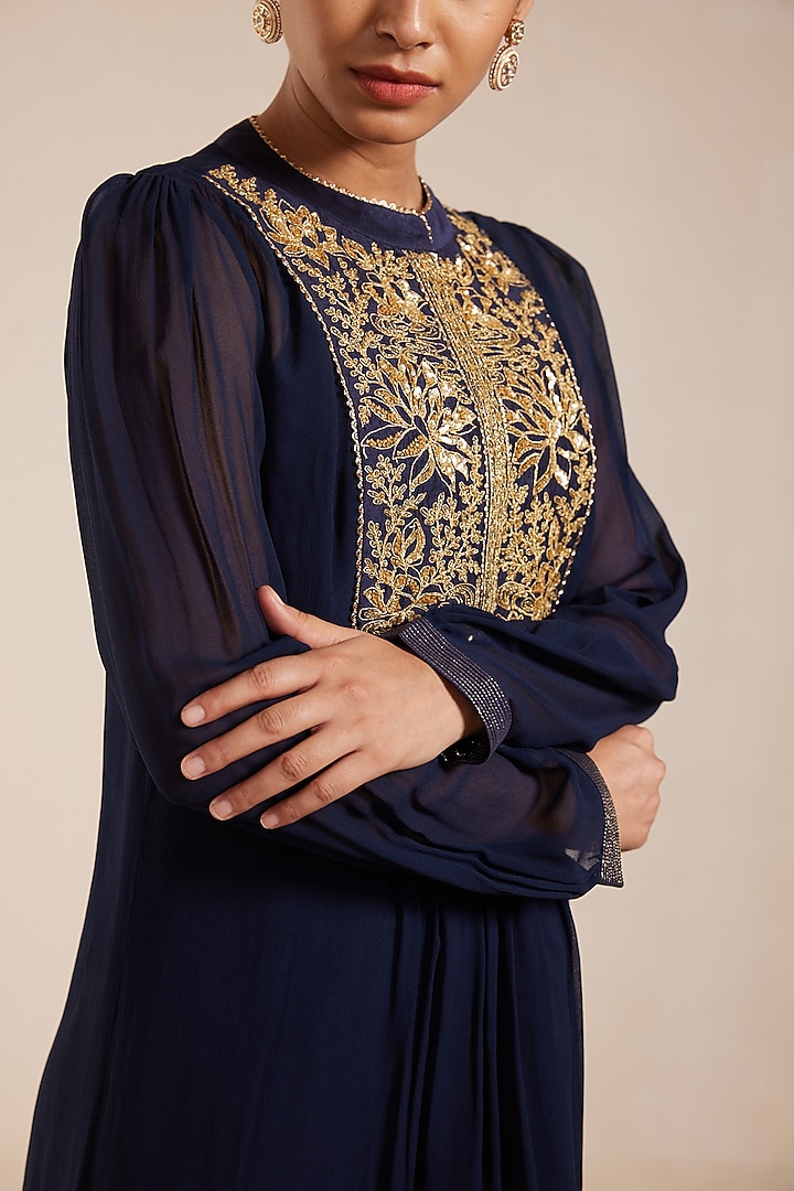 Blue Georgette Gold Embroidered Midi Summer Dress by Rasasvada at Pernia's Pop Up Shop