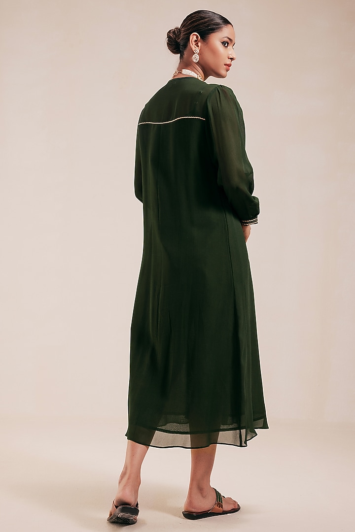 Green Georgette Gold Embroidered Midi Summer Dress by Rasasvada at Pernia's Pop Up Shop