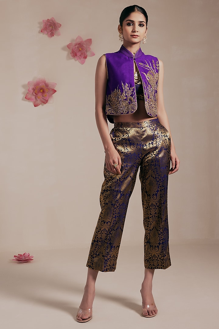 Purple Dupion Silk Hand & Machine Embroidered Crop Jacket Set by Rasasvada at Pernia's Pop Up Shop