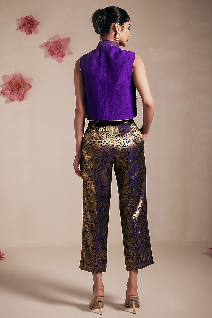 Purple Dupion Silk Hand & Machine Embroidered Crop Jacket Set by Rasasvada at Pernia's Pop Up Shop