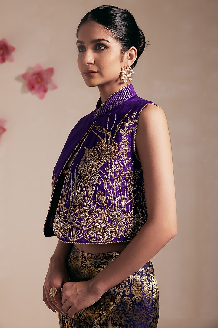 Purple Dupion Silk Hand & Machine Embroidered Crop Jacket Set by Rasasvada at Pernia's Pop Up Shop