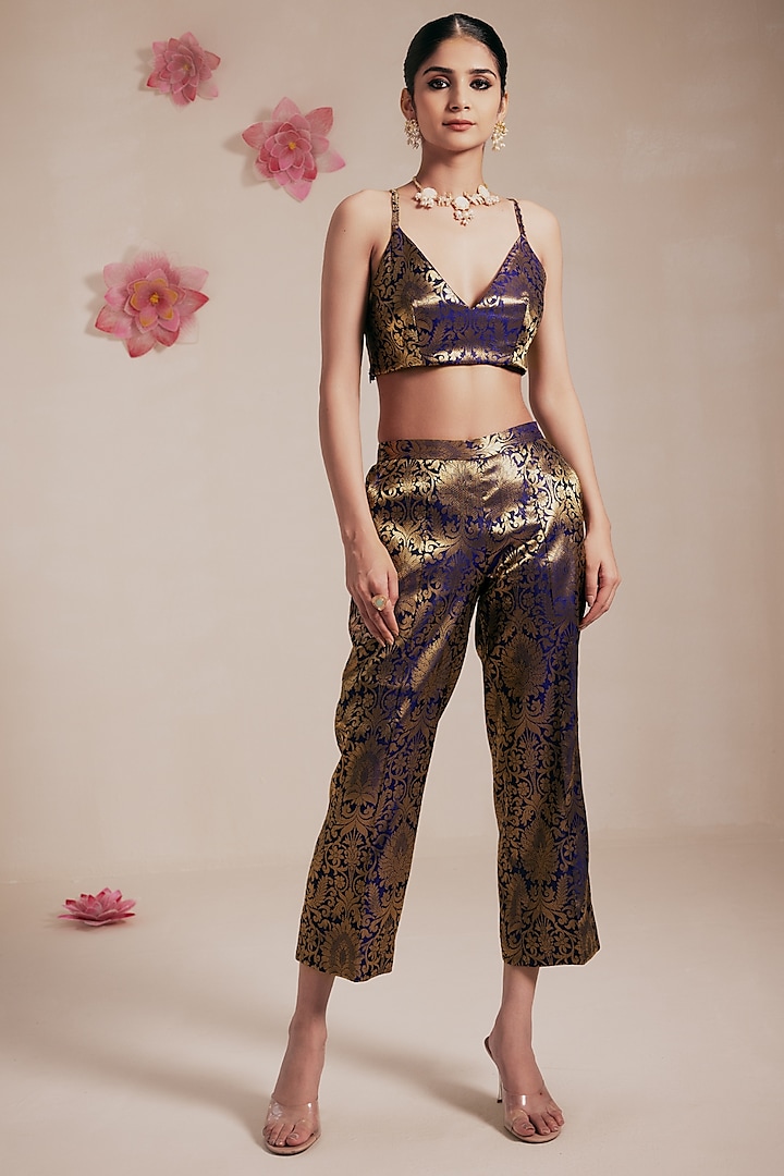Purple Dupion Silk Hand & Machine Embroidered Crop Jacket Set by Rasasvada at Pernia's Pop Up Shop
