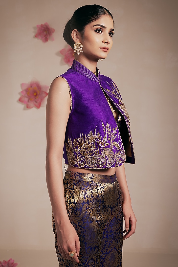 Purple Dupion Silk Hand & Machine Embroidered Crop Jacket Set by Rasasvada at Pernia's Pop Up Shop