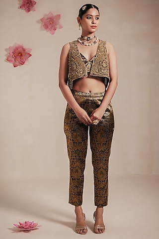 Black Dupion Silk Hand & Machine Embroidered Crop Jacket Set by Rasasvada