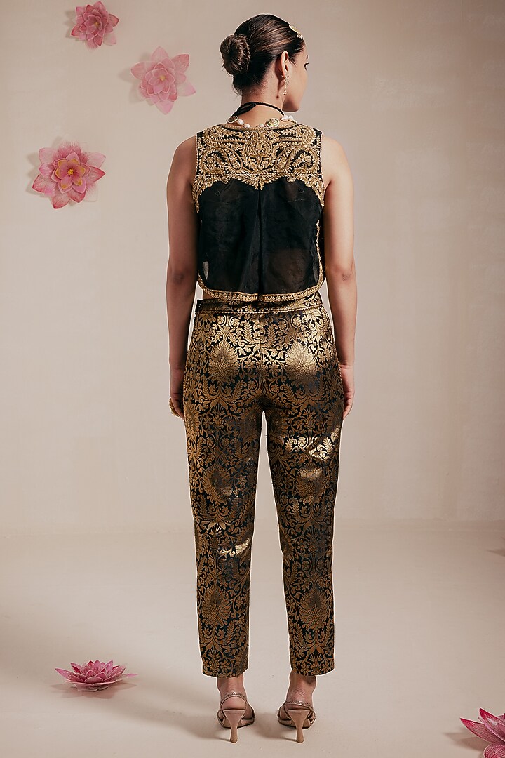Black Dupion Silk Hand & Machine Embroidered Crop Jacket Set by Rasasvada at Pernia's Pop Up Shop