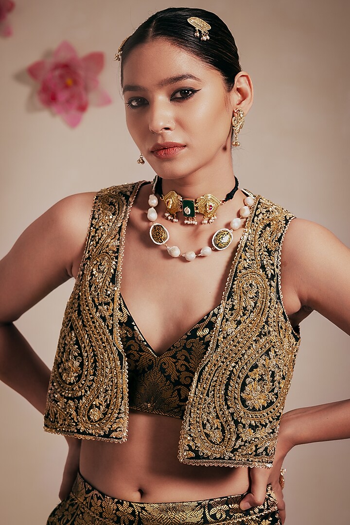 Black Dupion Silk Hand & Machine Embroidered Crop Jacket Set by Rasasvada at Pernia's Pop Up Shop