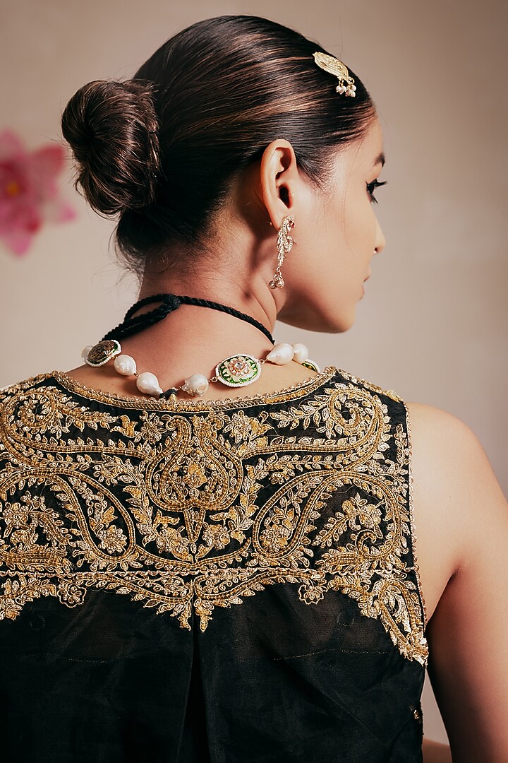Black Dupion Silk Hand & Machine Embroidered Crop Jacket Set by Rasasvada at Pernia's Pop Up Shop