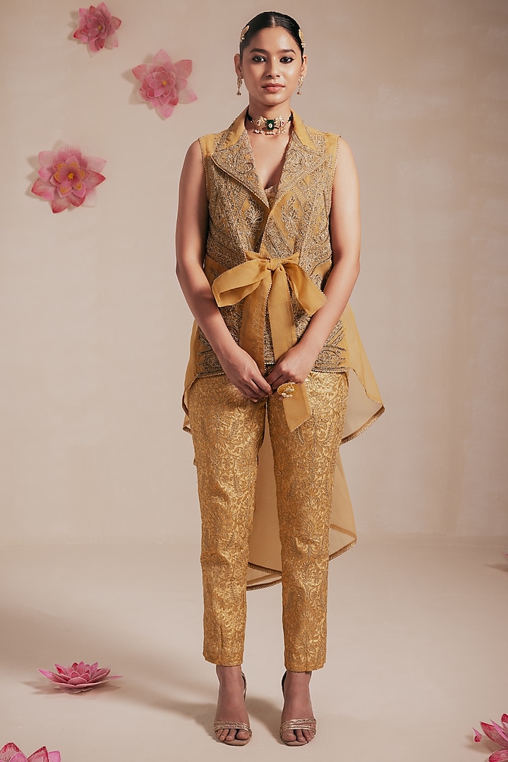 Golden Organza Hand & Machine Embroidered Jacket Set by Rasasvada at Pernia's Pop Up Shop