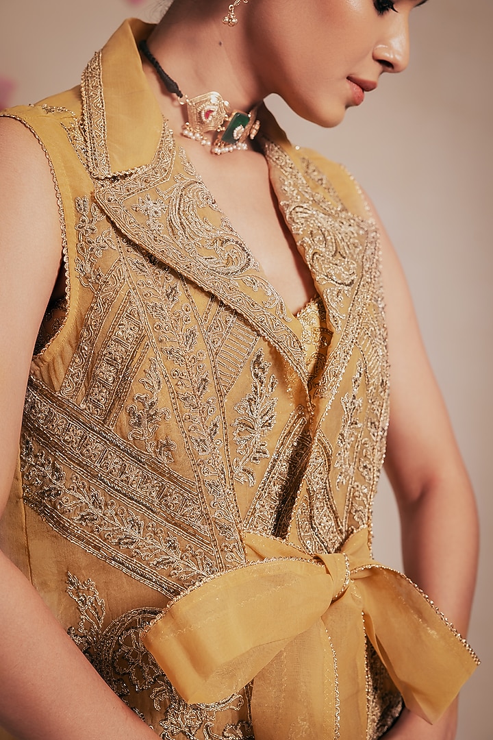 Golden Organza Hand & Machine Embroidered Jacket Set by Rasasvada at Pernia's Pop Up Shop